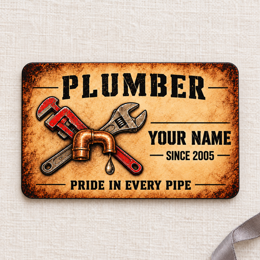 Plumber Sepia Craft Legacy aluminum wallet card, front design on cream linen.