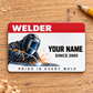 Welder Red Header aluminum wallet card front on pale oak