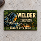 Welder Rugged Field aluminum wallet card front on pale gray concrete