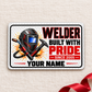 Welder Honeycomb Pride aluminum wallet card front on cream linen