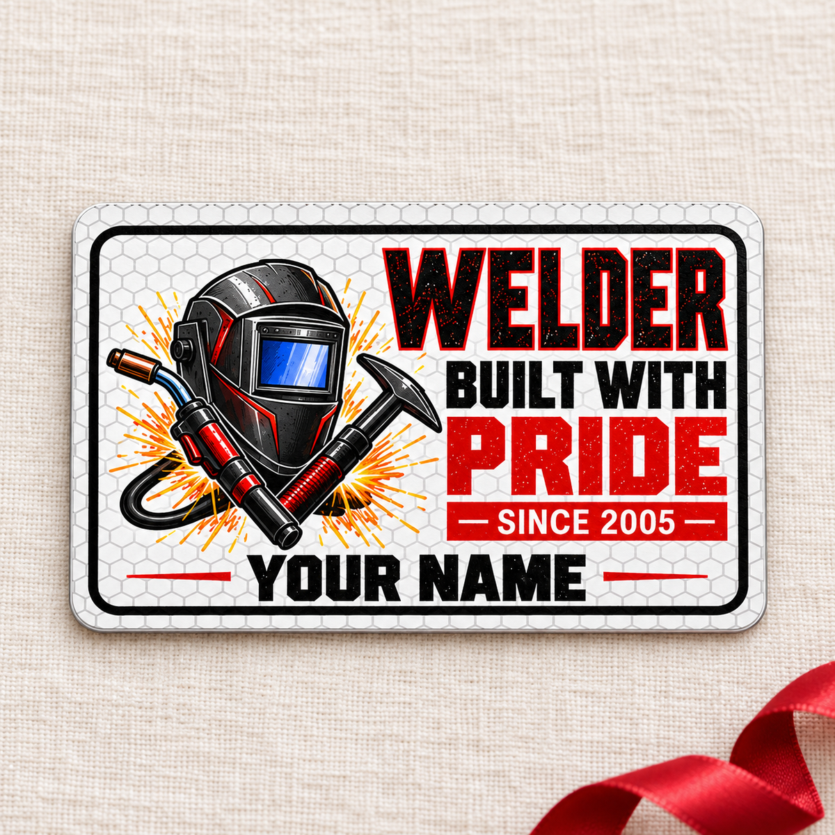 Welder Honeycomb Pride aluminum wallet card front on cream linen
