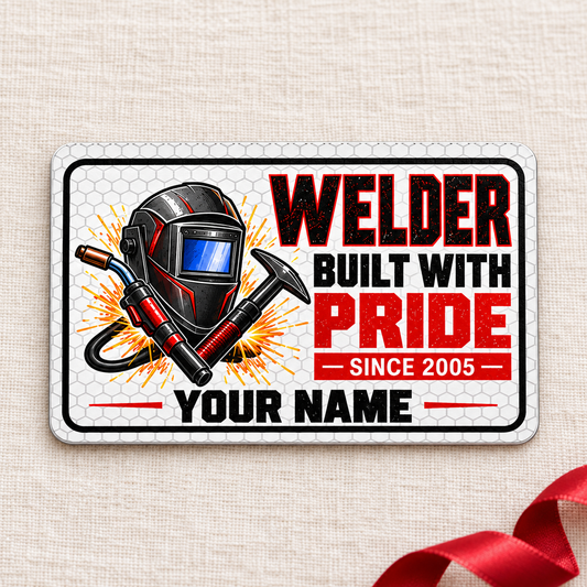 Welder Honeycomb Pride aluminum wallet card front on cream linen