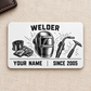Welder Minimal Tool Grid aluminum wallet card front on cream linen