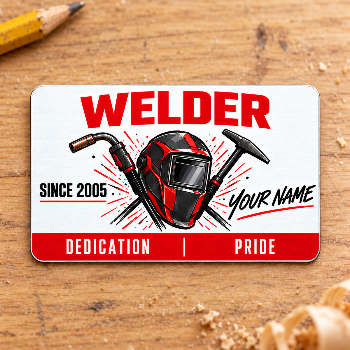 Welder Signature Modern aluminum wallet card front on pale oak