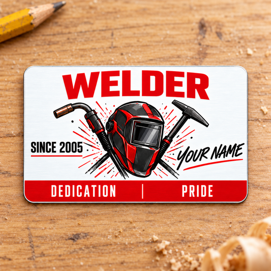 Welder Signature Modern aluminum wallet card front on pale oak