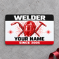 Welder Red Monochrome aluminum wallet card front on gray concrete