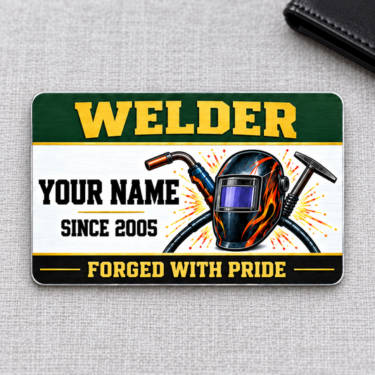 Welder Heritage Band aluminum wallet card front on gray linen