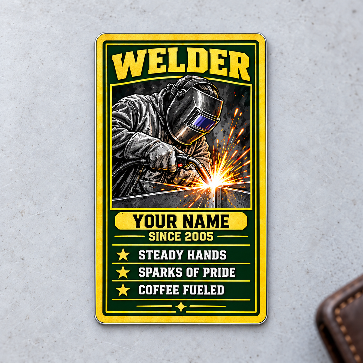 Welder Trade Legend portrait aluminum wallet card front on gray stone
