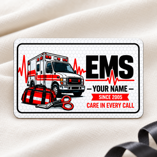 EMS Honeycomb Pride aluminum wallet card, single front with ambulance and response tools on cream fabric.
