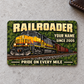 Railroader Rugged Field aluminum wallet card, front face on pale gray concrete.