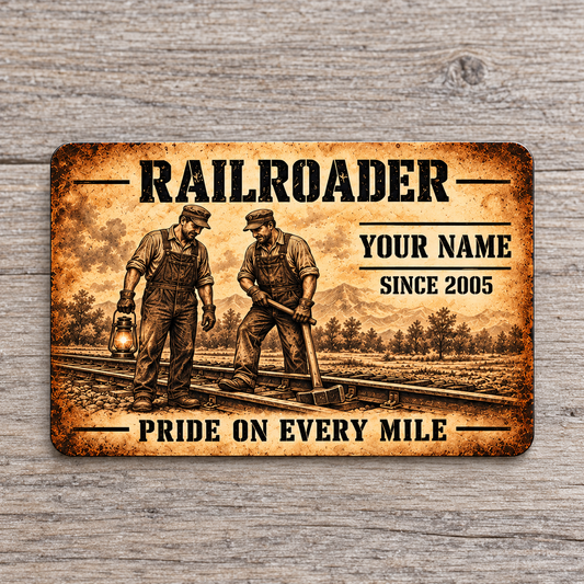 Railroader Sepia Legacy aluminum wallet card front on pale gray wood, showing two rail workers with a lantern and track hammer.
