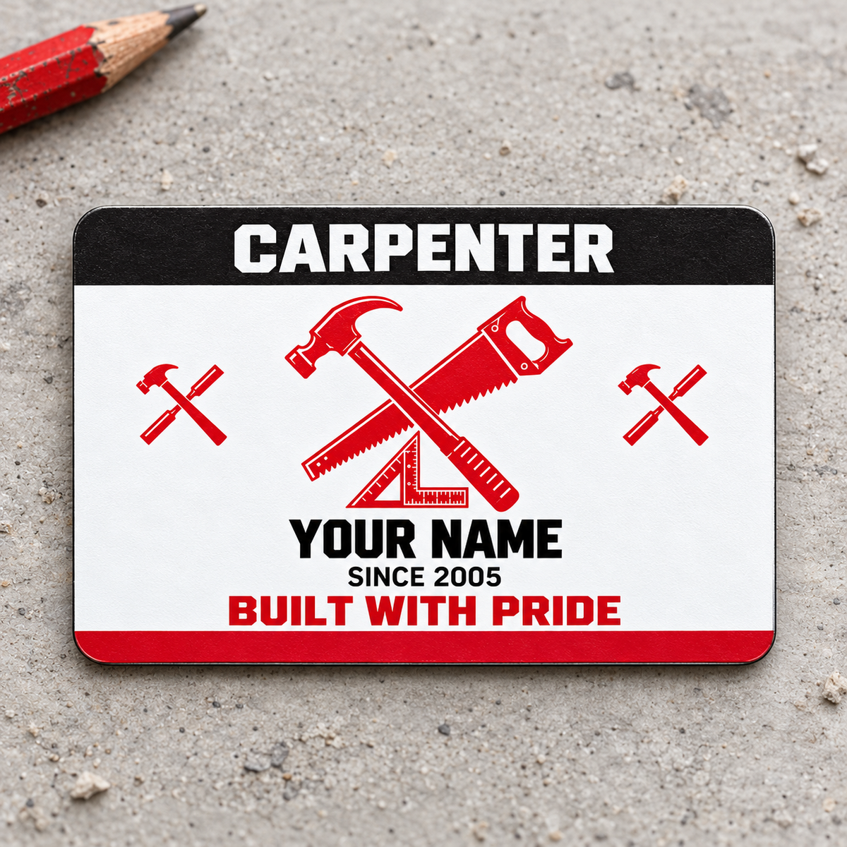 Front of the Carpenter Red Monochrome Craft aluminum wallet card on pale gray concrete.
