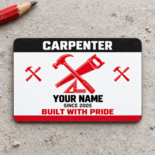 Front of the Carpenter Red Monochrome Craft aluminum wallet card on pale gray concrete.