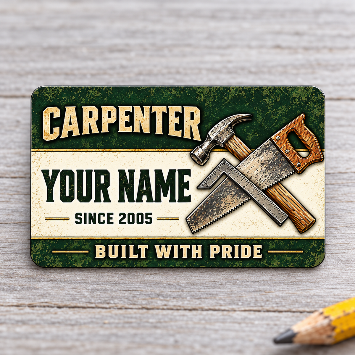 Front of the Carpenter Heritage Band aluminum wallet card on light gray wood.