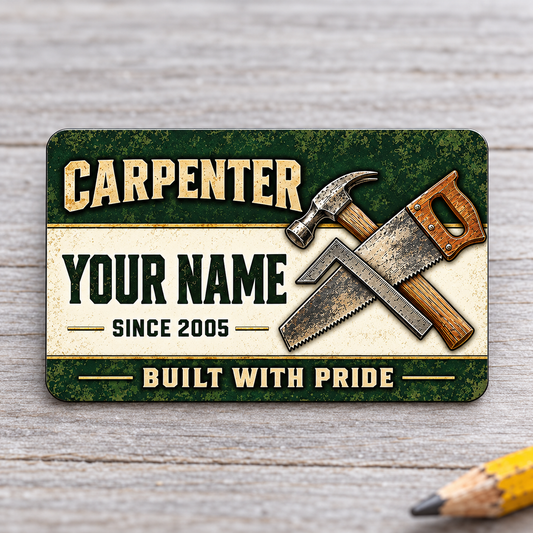 Front of the Carpenter Heritage Band aluminum wallet card on light gray wood.
