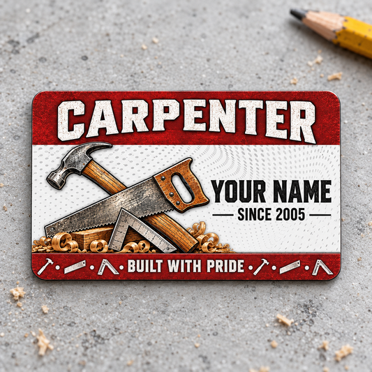 Front of the Carpenter Red Header Trade Pride aluminum wallet card on a pale gray work surface.