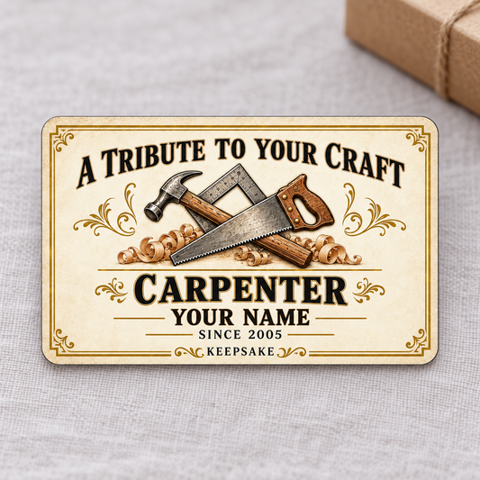 Front of the Carpenter Ivory Heritage aluminum wallet card on pale gray fabric.