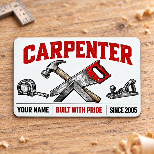 Front of the Carpenter Minimal Tool Grid aluminum wallet card on light oak.