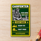 Front of the portrait Carpenter Trade Legend aluminum wallet card on pale warm wood.