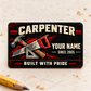 Front of the Carpenter Midnight Trade Pride aluminum wallet card on an ivory work surface.