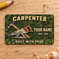 Front of the Carpenter Rugged Field Pride aluminum wallet card on a light oak workbench.