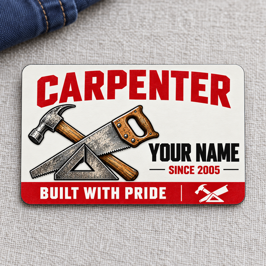Front of the Carpenter Signature Modern aluminum wallet card on gray linen.