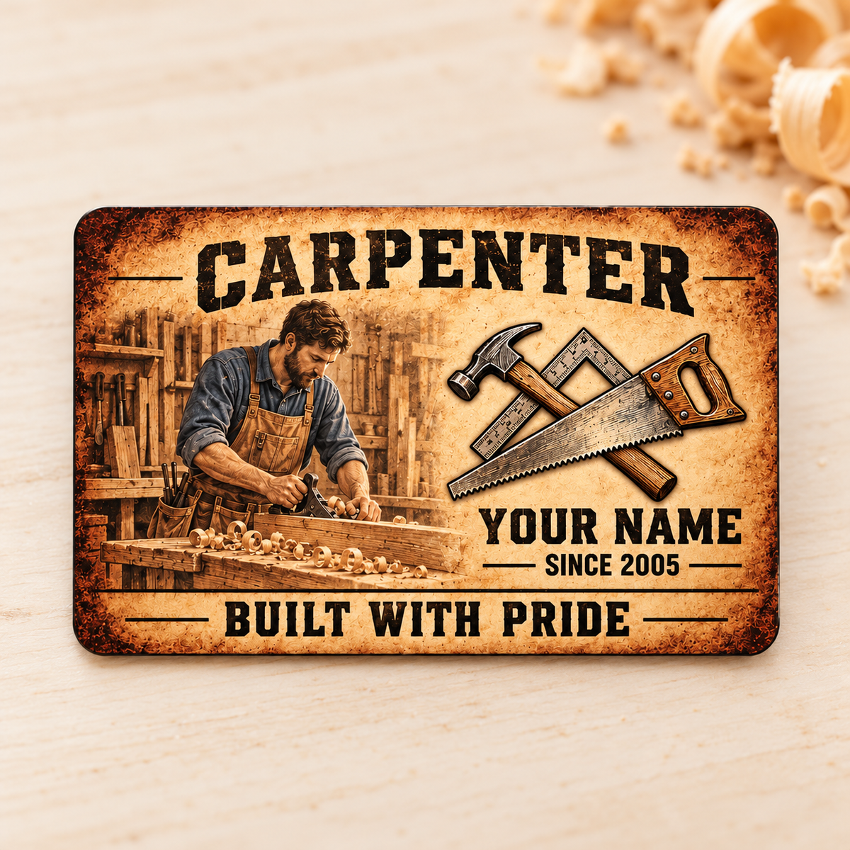 Front of the Carpenter Sepia Legacy aluminum wallet card on a cream desk.
