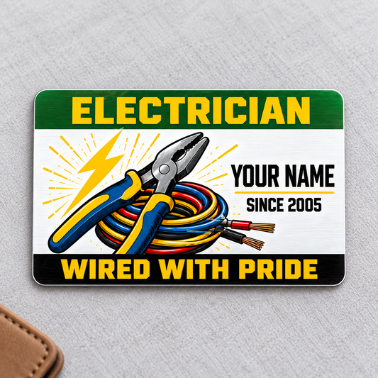 Electrician Green Band aluminum wallet card, front view on light gray fabric