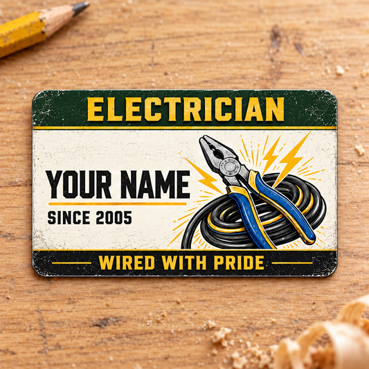Electrician Heritage Band aluminum wallet card, single front view on pale wood