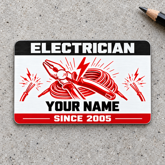Electrician Red Monochrome aluminum wallet card, front view on light gray concrete