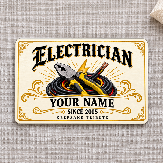 Electrician Ivory Heritage aluminum wallet card, front view on gray linen