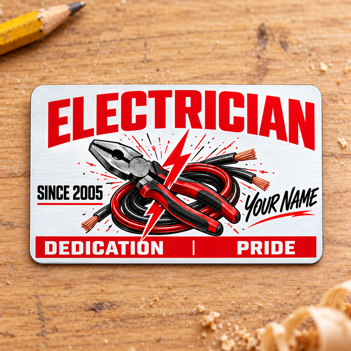 Electrician Signature Modern aluminum wallet card, front view on pale wood