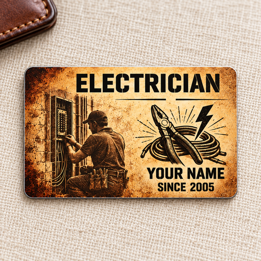 Electrician Sepia Legacy aluminum wallet card, front view on cream linen
