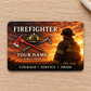 Sunset firefighter aluminum wallet card with courage, service and pride lettering on pale oak.