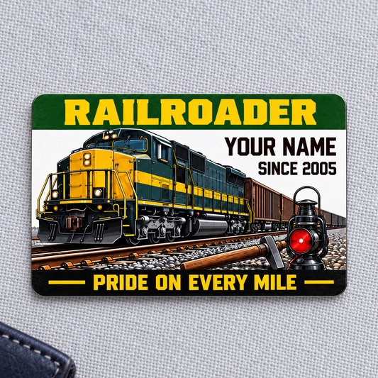 Railroader Green Band aluminum wallet card front centered on pale gray fabric.