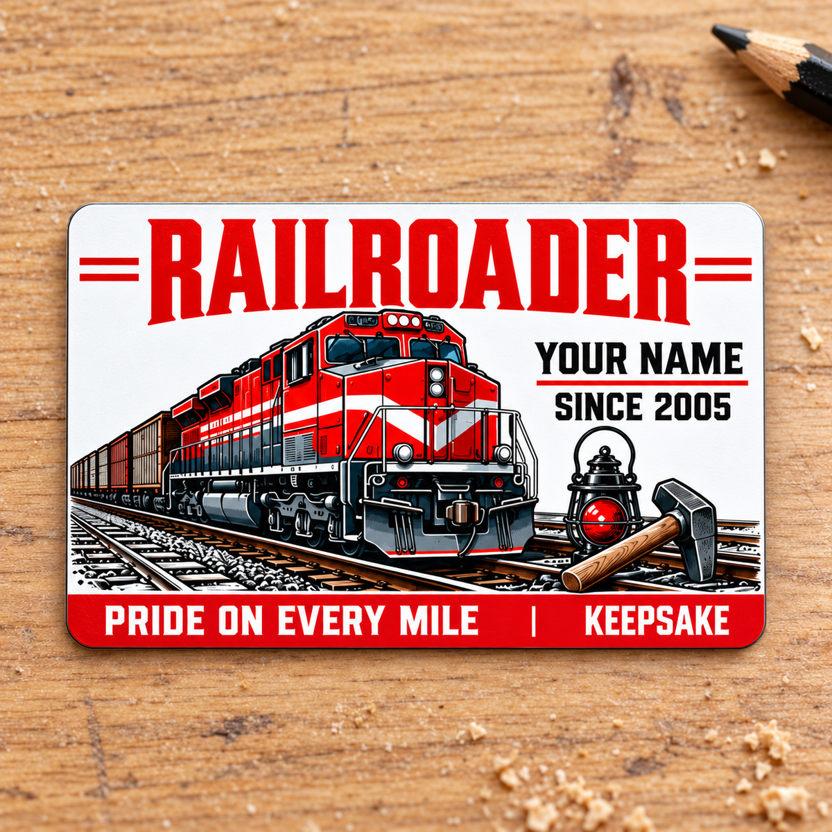 Railroader Signature Modern aluminum wallet card front on a pale wooden surface.