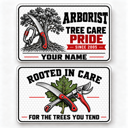 Front and reverse of a arborist honeycomb pride wallet card with trade-themed artwork and pride lettering.