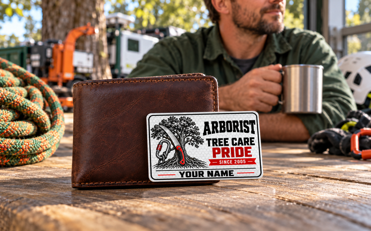 Arborist wallet card in a arborist tree-care rest area with an adult man and leather wallet.