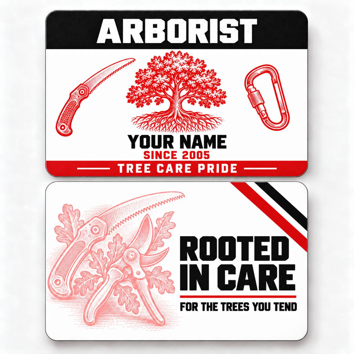 Front and reverse of an arborist red monochrome wallet card with trade-themed artwork and pride lettering.