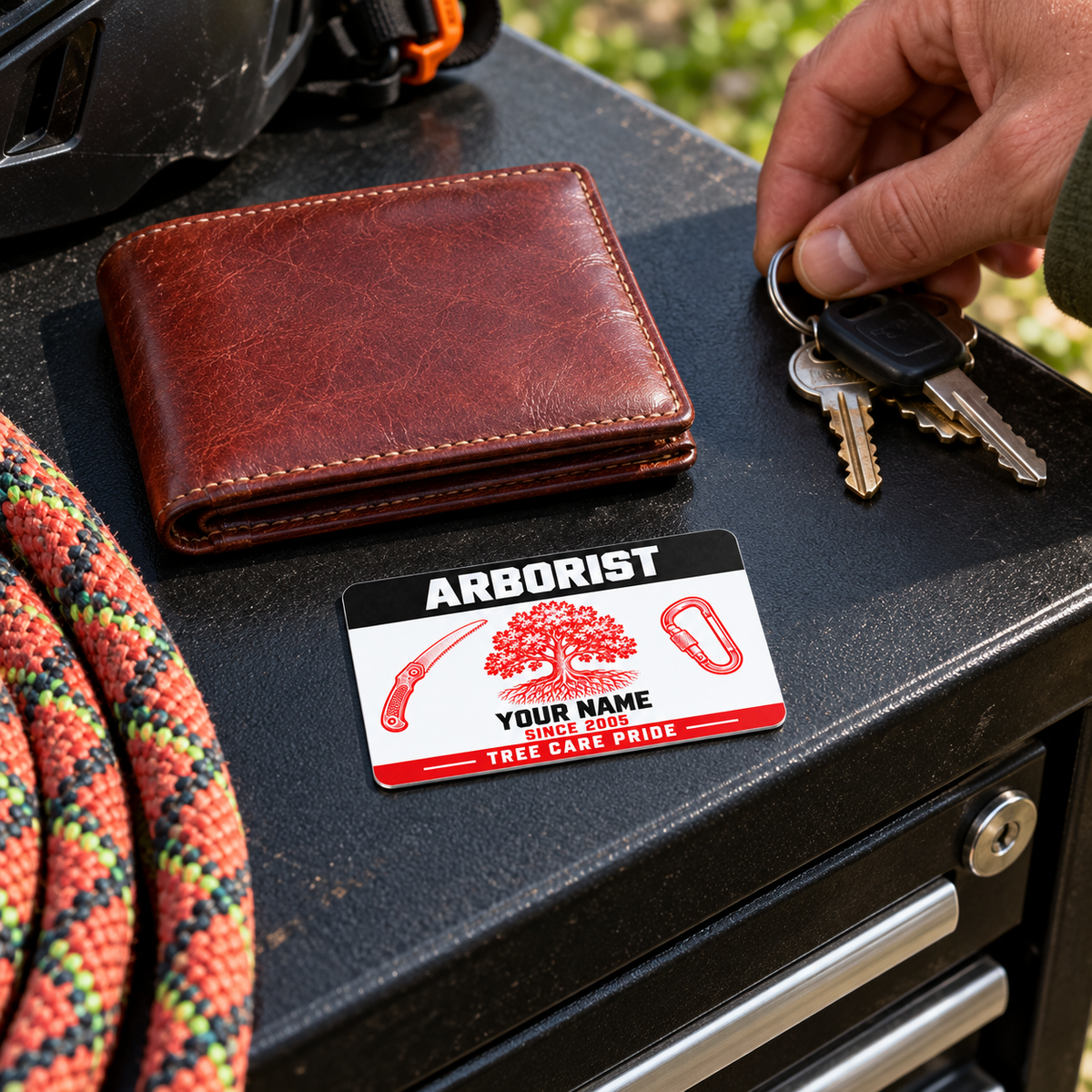 Arborist wallet card in an arborist tree-care rest area with an adult man and leather wallet.