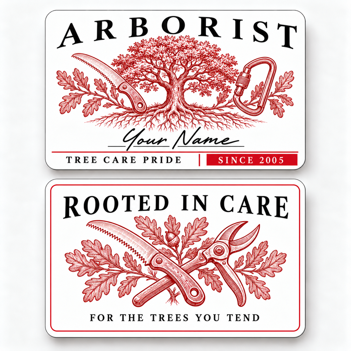 Front and reverse of a arborist signature classic wallet card with trade-themed artwork and pride lettering.