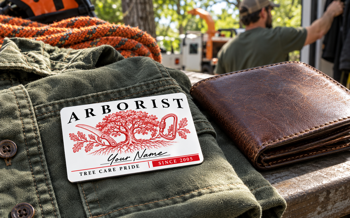 Arborist wallet card in a arborist tree-care rest area with an adult man and leather wallet.