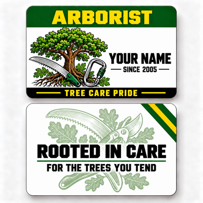 Front and reverse of an arborist green band wallet card with trade-themed artwork and pride lettering.
