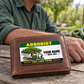 Arborist wallet card in an arborist tree-care rest area with an adult man and leather wallet.