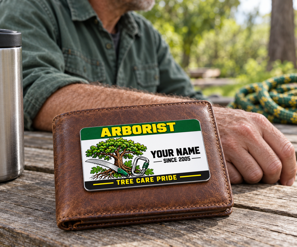 Arborist wallet card in an arborist tree-care rest area with an adult man and leather wallet.