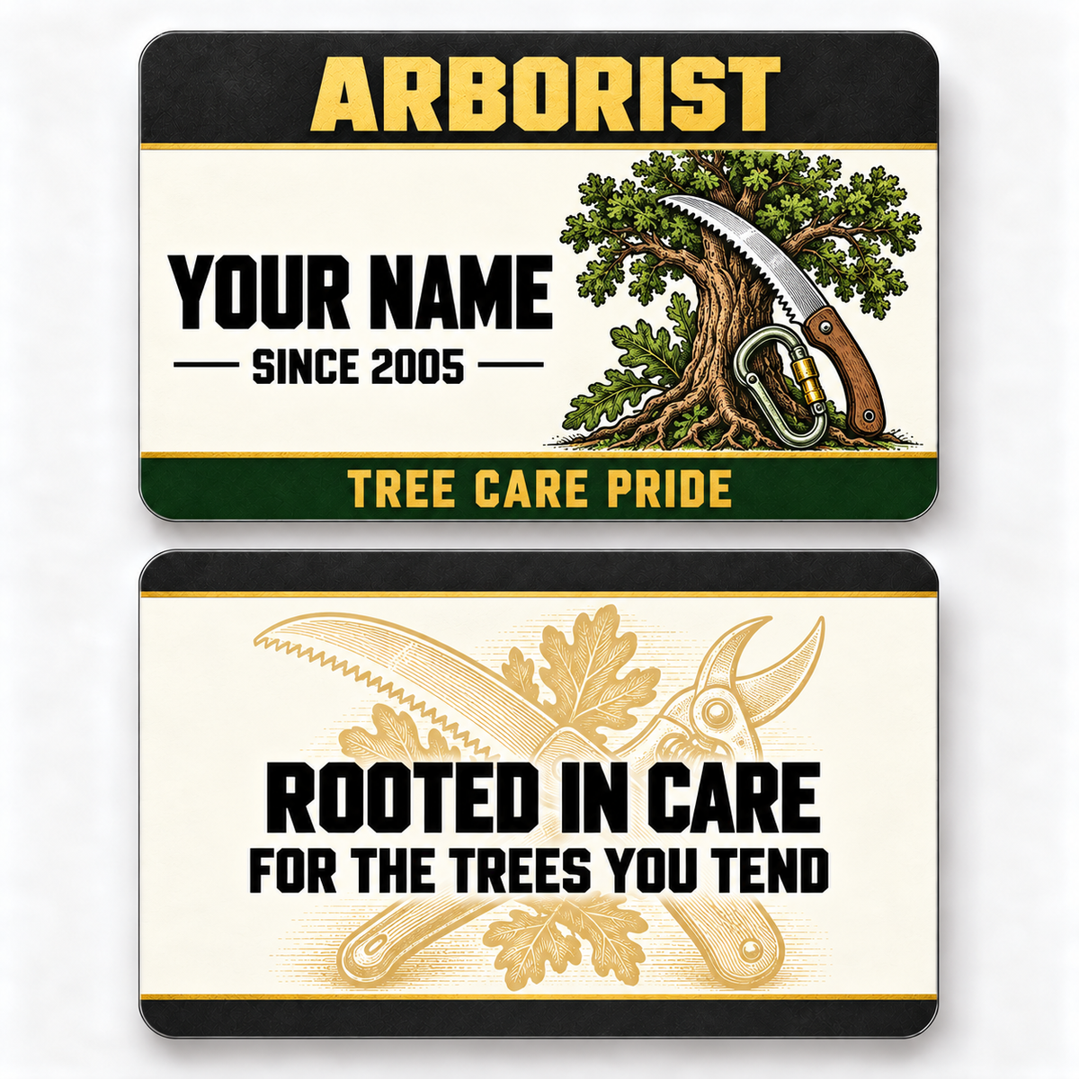 Front and reverse of an arborist heritage band wallet card with trade-themed artwork and pride lettering.
