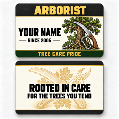 Front and reverse of an arborist heritage band wallet card with trade-themed artwork and pride lettering.
