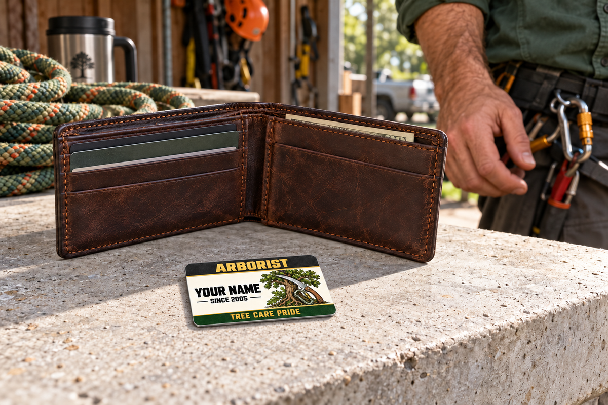 Arborist wallet card in an arborist tree-care rest area with an adult man and leather wallet.