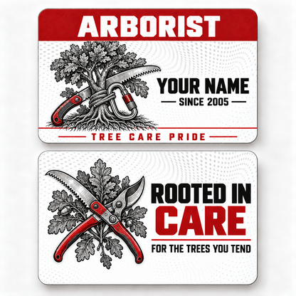 Front and reverse of a arborist red header wallet card with trade-themed artwork and pride lettering.