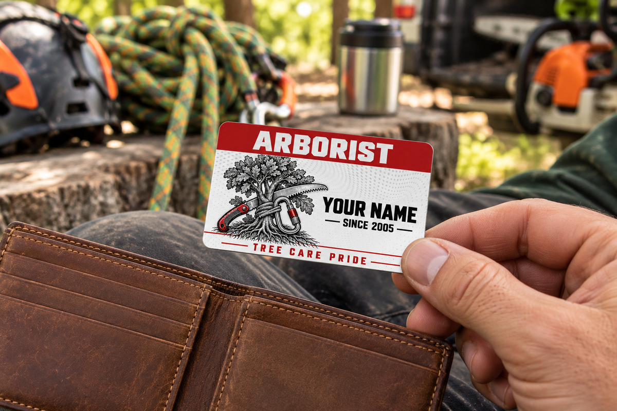 Arborist wallet card in a arborist tree-care rest area with an adult man and leather wallet.